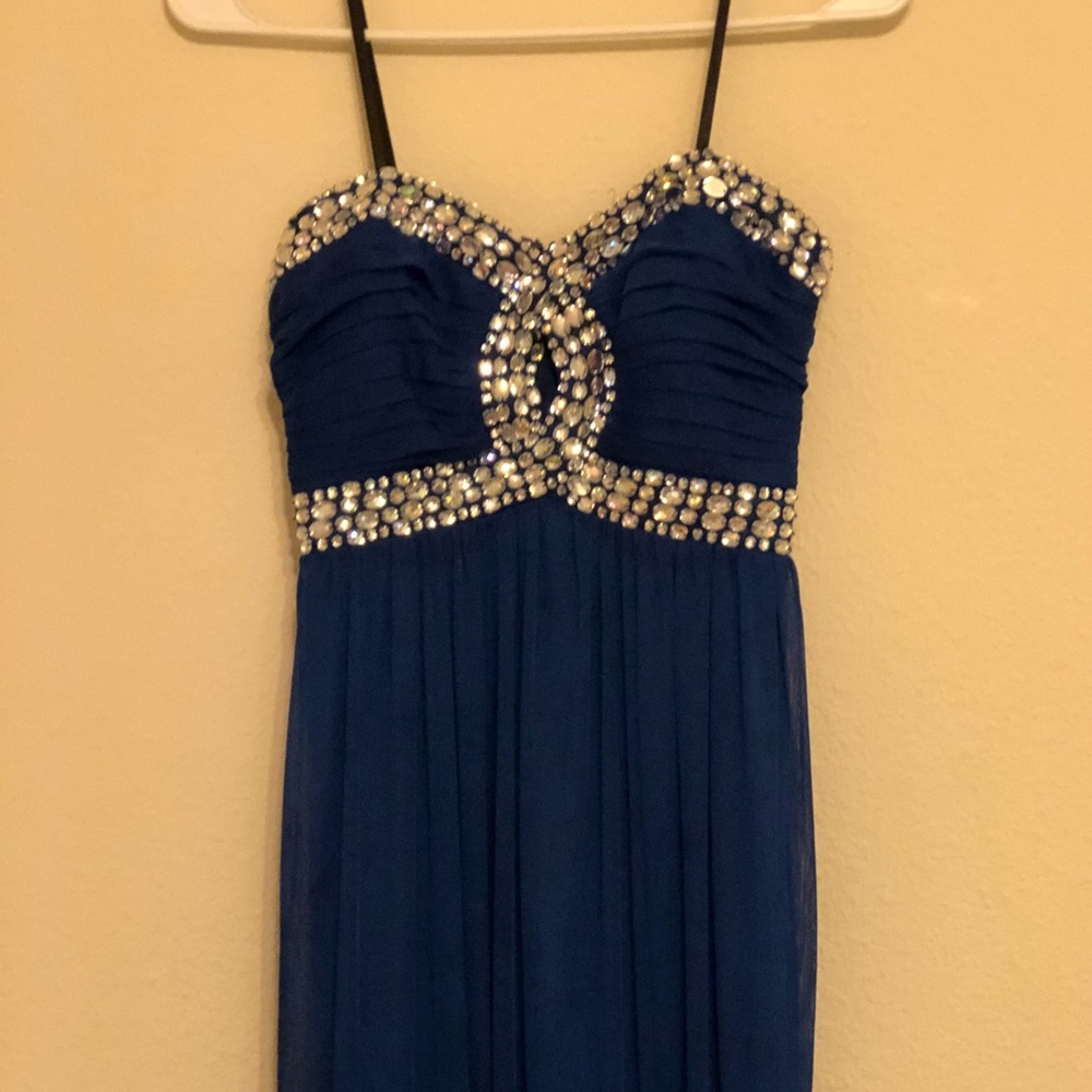Blue studded strapless prom dress